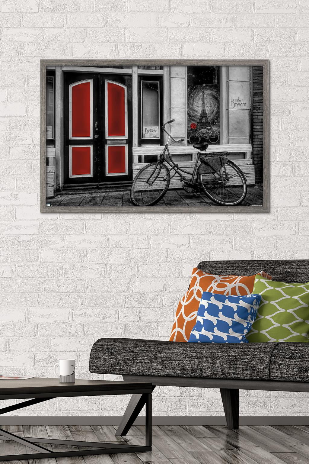 City Bike in Black and White Color Selected Red Wall Poster, 22.375" x 34" Framed