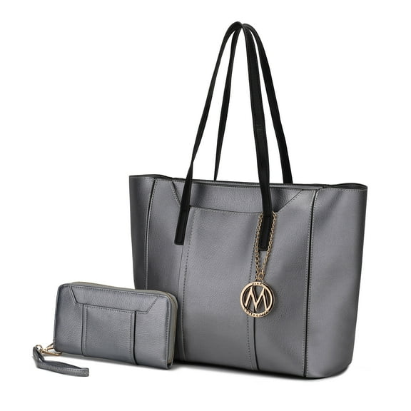 MKF Collection Dinah Vegan Leather Women's Tote Bag, Classy Shoulder Purse Handbag & Wristlet Wallet 2 pcs by Mia K - Pewter