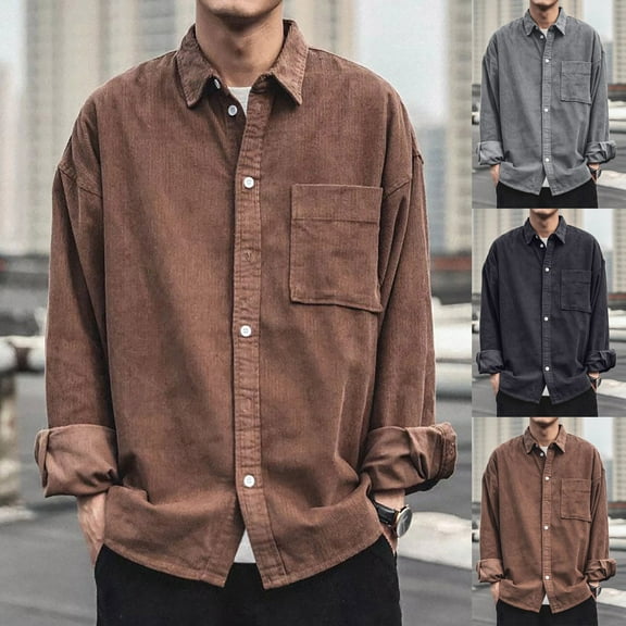 DDAPJ pyju Mens Corduroy Shirt Long Sleeve Casual Button Down Shirts Fall Casual Shacket Tops with Pocket Black M