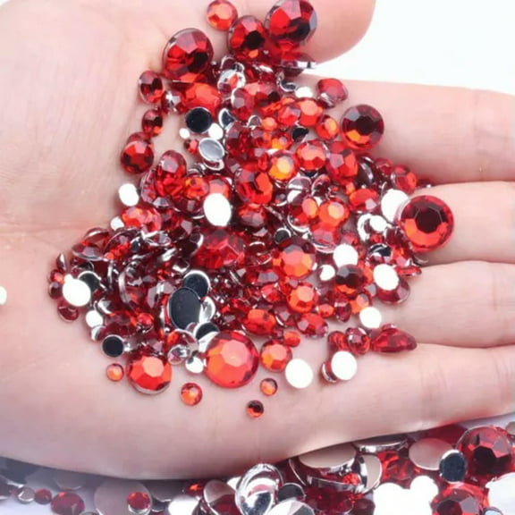 EOEMY 1300Pcs Mixed Size 3mm-10mm Acrylic Round Diamond Flatback Rhinestone Gems-Red