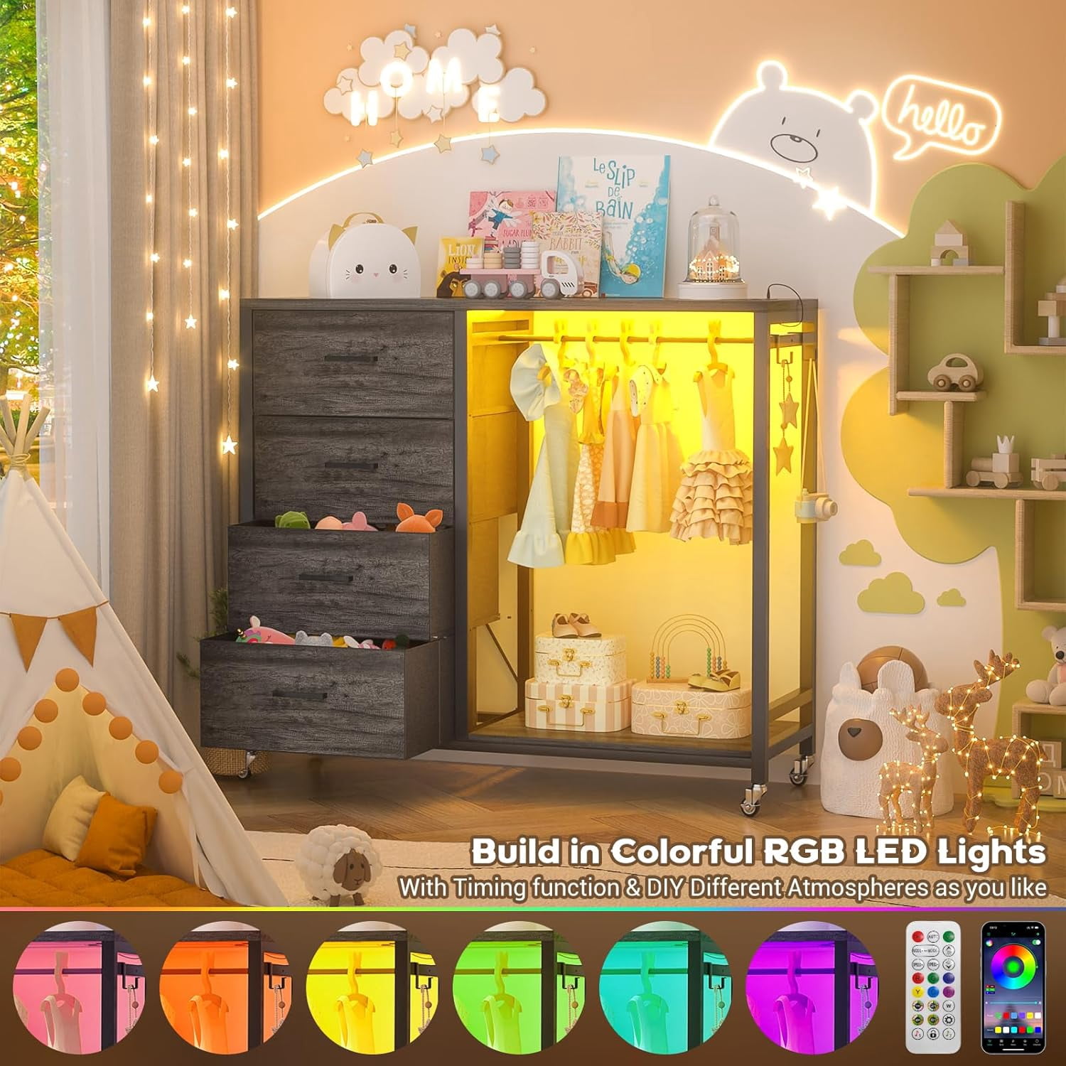 Homieasy Dresser with Hanging Rack & 4 Drawers, Dresser with Clothes Rack for Bedroom with LED Lights, Charging Staion, Storage Chest with Wheels, Black Oak