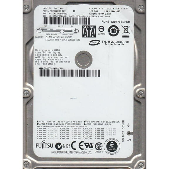 MHZ2120BH G2, PN CA07018-B052, Fujitsu 120GB SATA 2.5 Hard Drive