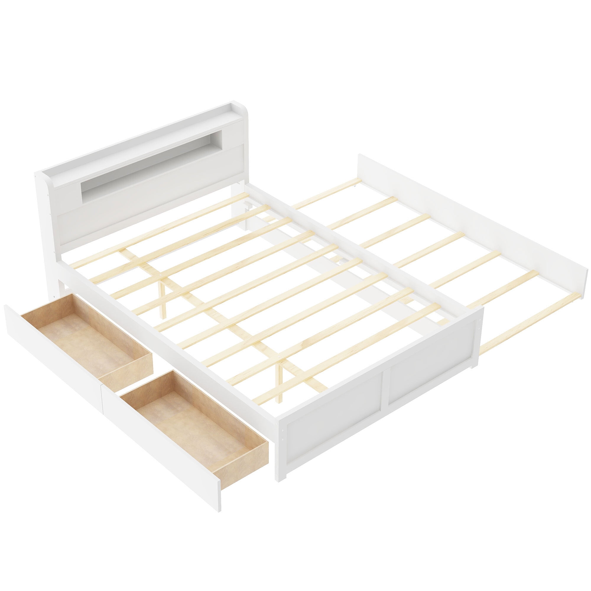Euroco Wood Queen Size Platform Bed with Storage Headboard, Drawers Trundle and LED Light for Adults, White