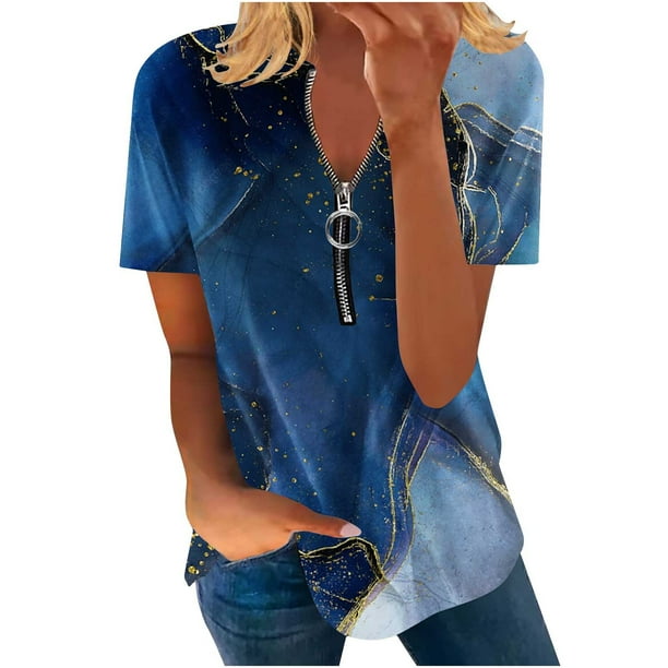 Blusa informal elegante de manga corta con cremallera y cuello redondo para mujer OAVQHLG3B Store lin121212