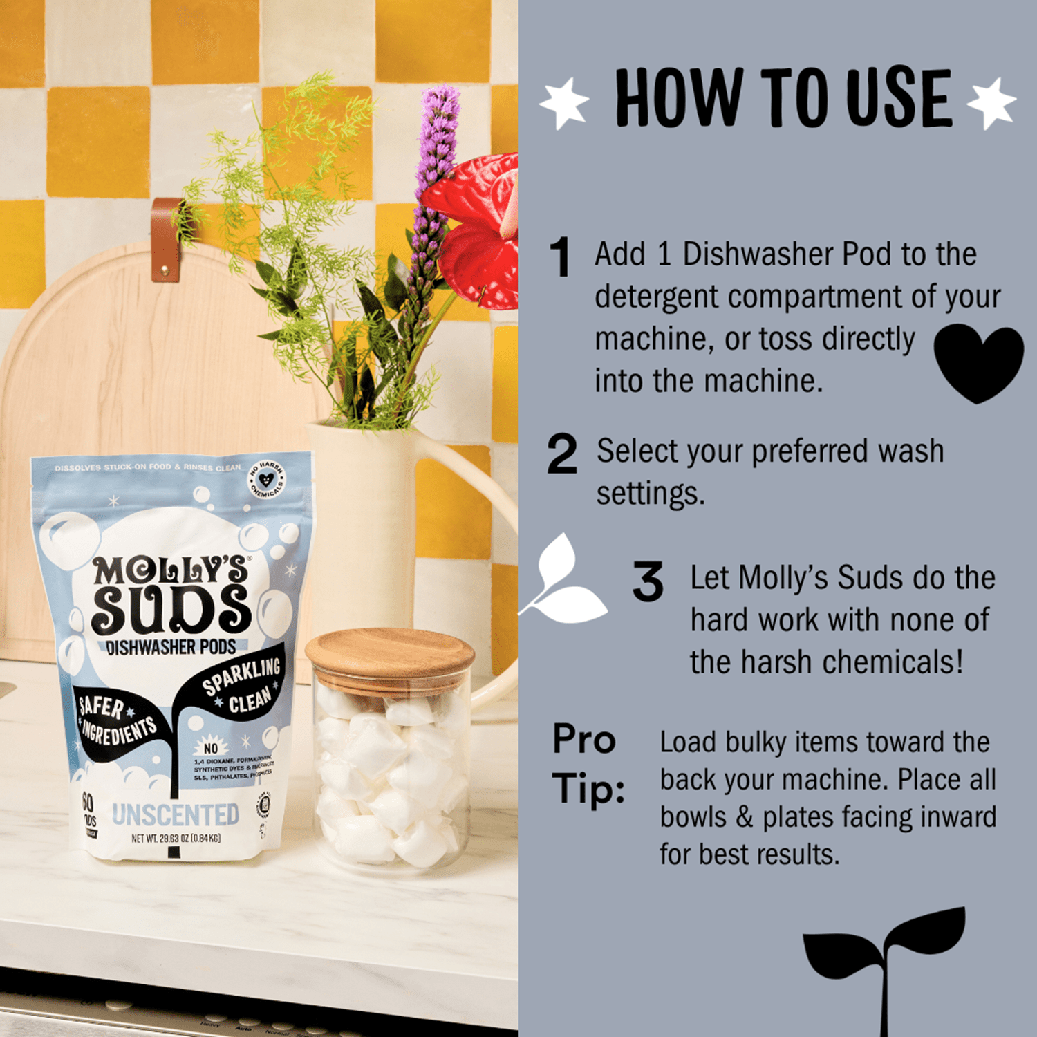 (2 pack) Molly's Suds Dishwasher Pods, Dishwasher Detergent, Cuts Grease & Rinses Clean (Residue-Free) for Sparkling Dishes, 45 Auto-Release Tabs (Unscented)