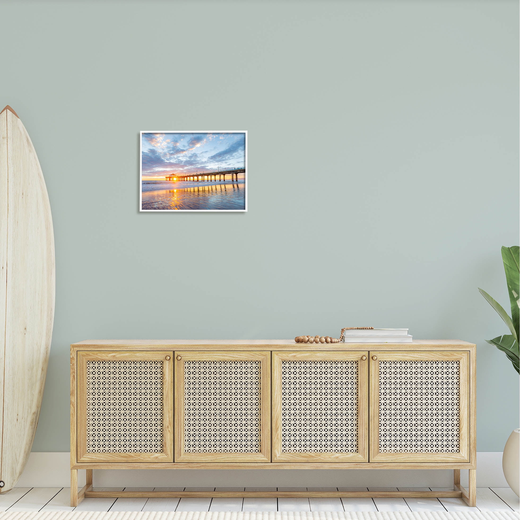 Ocean Pier Sunrise Reflection Coastal Photograph White Framed Art Print Wall Art