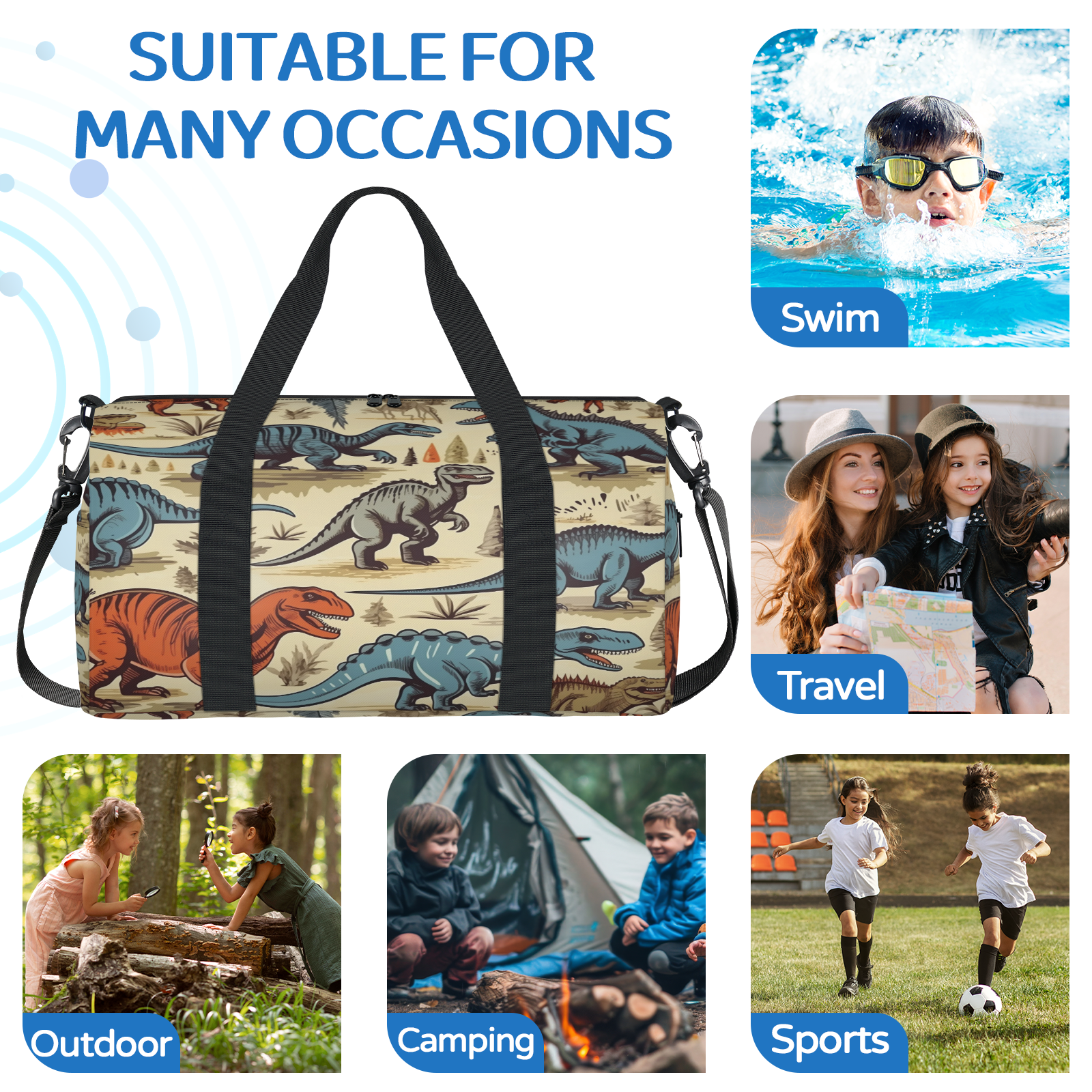 Herdesigns Dinosaur Cartoon Dino Travel Duffle Bag Sports Yoga Weekender Overnight Carry on Workout Bags Lightweight Waterproof Gym Tote Bag for Women