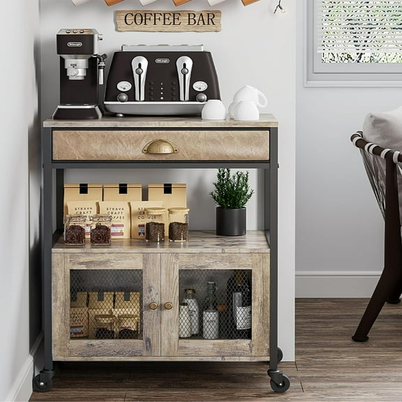 Coffee Bar Cabinet，3 Tiers Kitchen Coffee Cart with Drawer for The Home, Movable Farmhouse Ktichen Station Table on Wheels for Living Room, Entryway, Dining Room, Kitchen