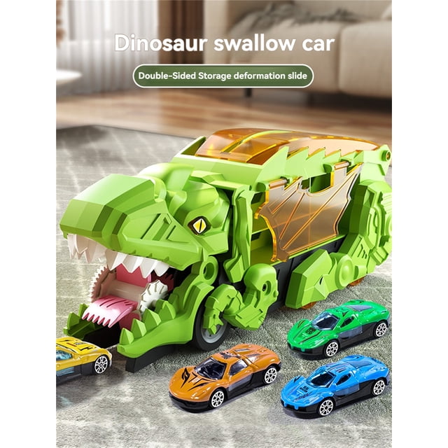 Camión contenedor de deformación de dinosaurio 3 en 1 para niños, Tyrannosaurus Rex, pista plegable portátil, almacenamiento de transporte deslizante