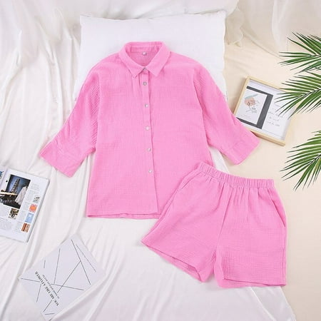 

CoCopeaunt Womens thin pajamas cotton pink nine-quarter sleeve shorts suit cotton casual can be worn outside the home wear