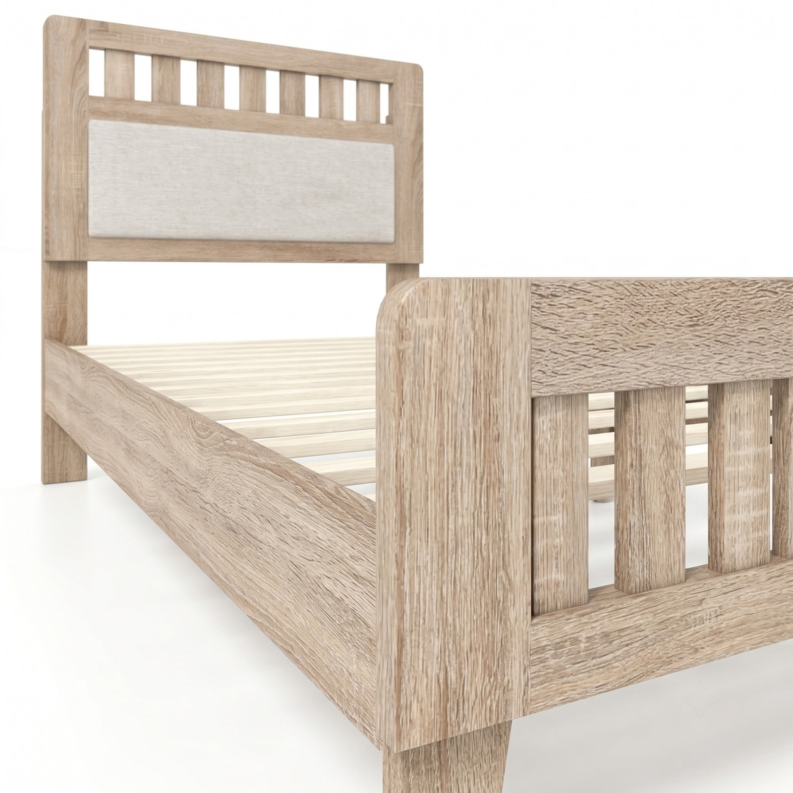 Furnibear Twin Bed Frame with Upholstered Headboard, Wood Platform Bed Frame Mid Century Style, No Box Spring, Rustic Oak and Beige