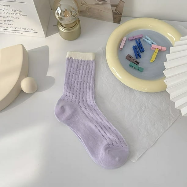 Nvzi 6 pares de calcetines finos de algodón para mujer, calcetines de algodón suave para mujer por encima del tobillo (morado)