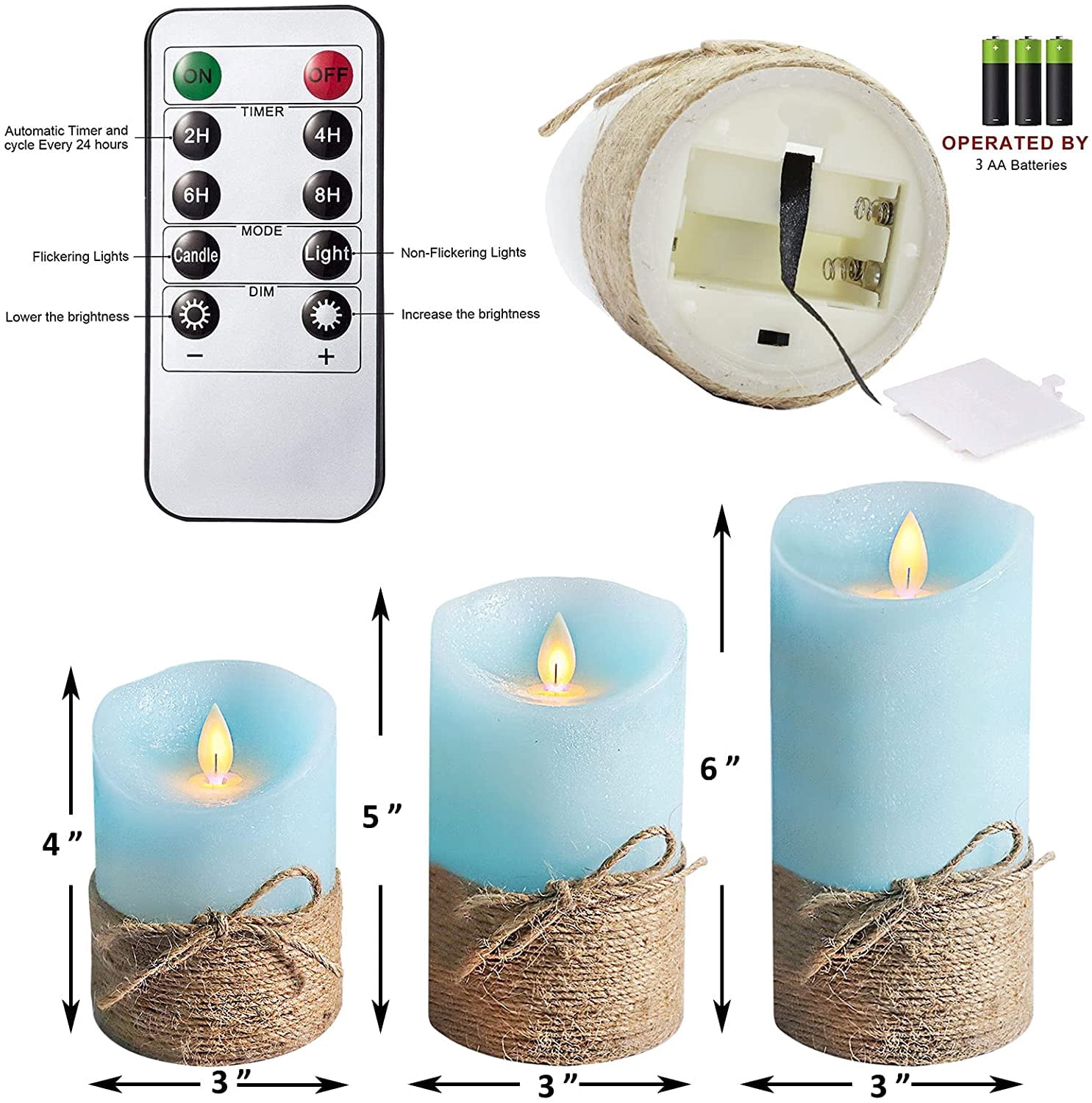 Meltone LED Flameless Candles Blue with Hemp Rope, 3PCS LED Pillar Candles Battery Operated with Remote