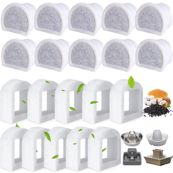 Tawatiler 20 Pcs Cat Water Fountain Filters Replacment Compatible with PetSafe Drinkwell Fountains, 10 Carbon Filters & 10 Sponges Foam Filter Compatible with Multiple Pet Water Dspensers Water Bowl