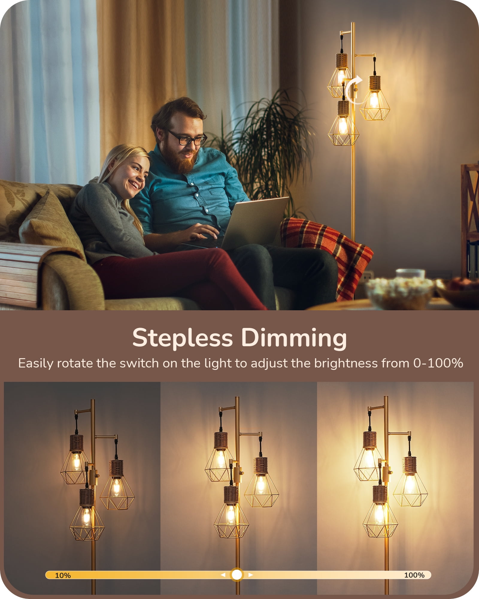 EDISHINE Industrial Floor Lamps for Living Room Clearance, Dimmable, Metal Standing Tree Lamp for Bedroom, Office, Home Decor, LED Bulb Included, Gold