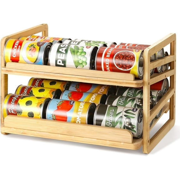 Rolling Bamboo Can Organizer Rack, Stackable Double-Layer Can Organizers and Storage For Pantry, Canned Goods Holder Dispenser For Countertop Kitchen Cabinet or Pantry Shelf