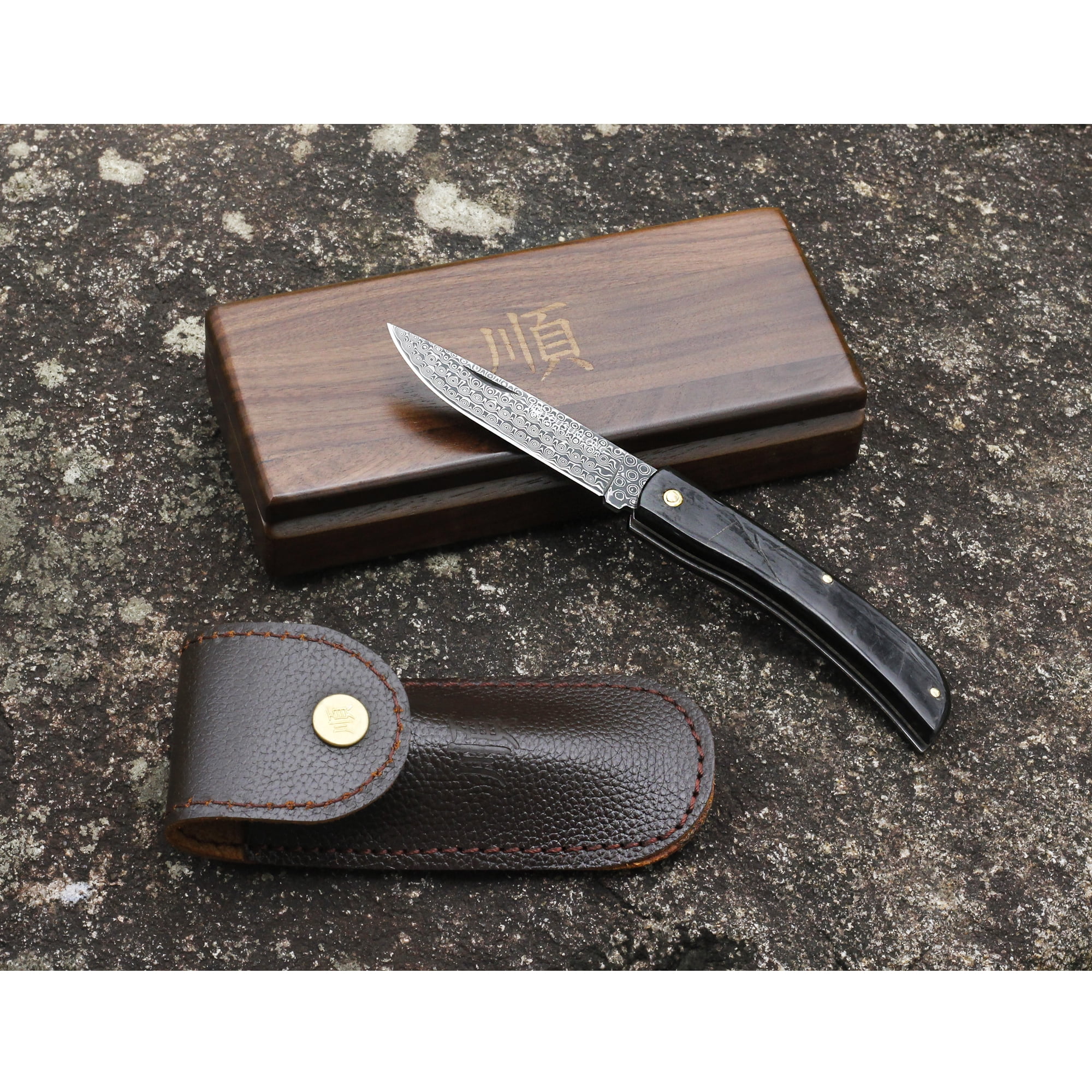 YOUSUNLONG Folding Knife - Pocket Knife Overall 190mm Japanese Damascus Steel Blade Natural Buffalo Horn Handle