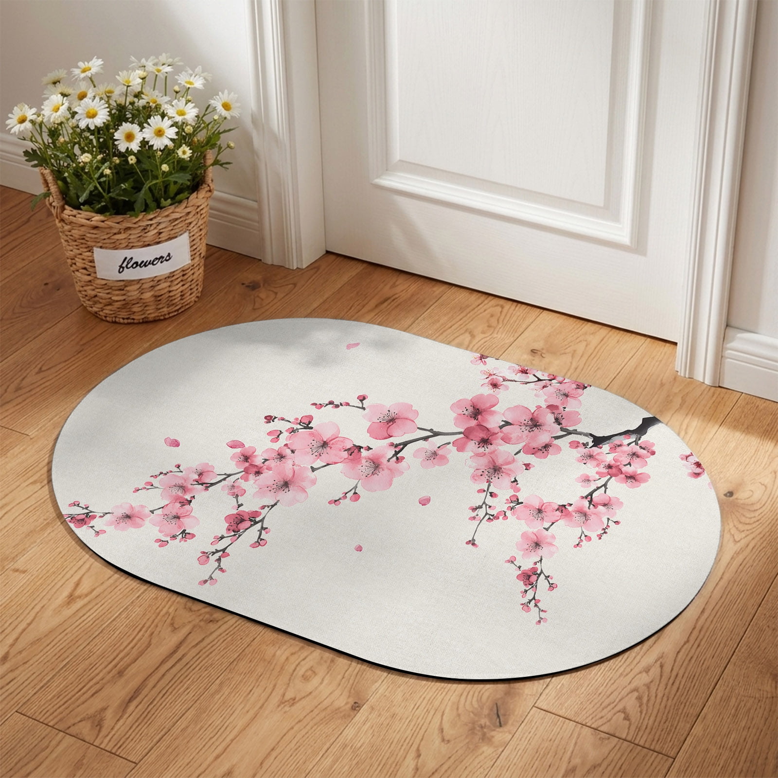 Front Door Mat Outside Entrance 18 x30 Cherry Blossoms Absorbent Doormat Indoor Entrance with Non-Slip Backing Rubber Low-Profile Welcome Mat for Entryway Pink Flower Floral Spring Nature Country