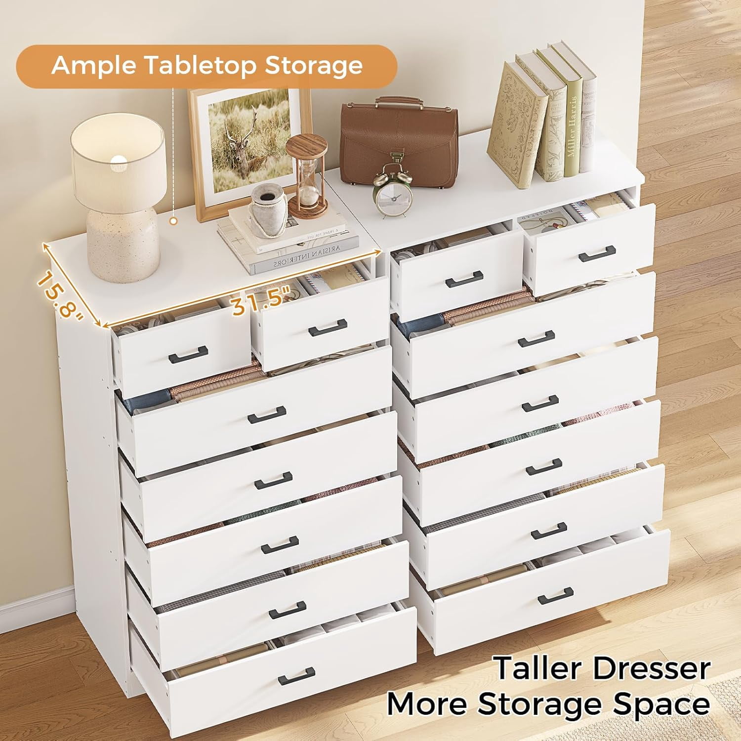 Aunfebrco White Dresser with 7 Drawers for Bedroom Vertical Chest of Drawers with Metal Handle 55.7" Tall Dresser Storage Cabinets for Living Room