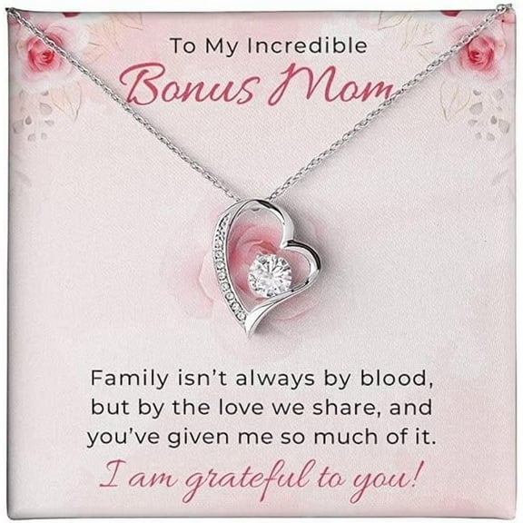 To my bonus Mom, Meaningful Message Card Love Knot Necklace for Birthday, Mother's Day, Christmas - Jewelry Gift box,