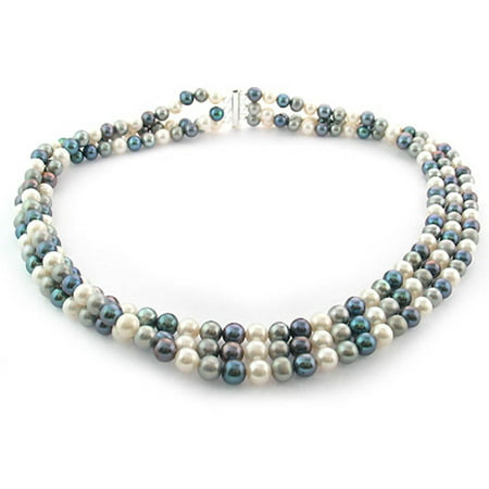 Dark Multi-Color Freshwater Pearl Necklace for Women, Sterling Silver 3 Row 18 6.5mm x 7mm