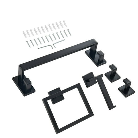KFFKFF Matte Black Bathroom Hardware Set, 5-Piece Bathroom Accessories Kit, Stainless Steel 16-inch Towel Bar, Towel Rack, 2 Robe Hooks, Toilet Paper Holder for Bathroom, Wall Installation