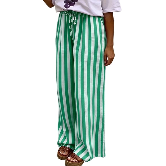 Women's Striped Wide Leg Lightweight Breathable Pants with Elastic Waistband and Pockets