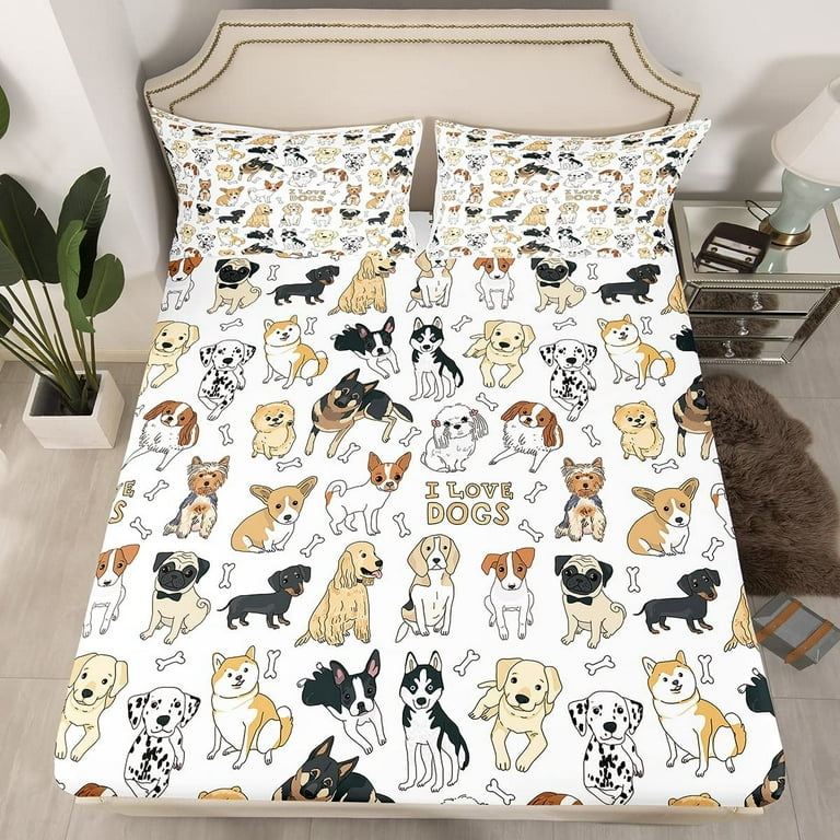 4PCS Dog Bed Sheets Queen Size Puppy Pattern Bedding Sheet Set Pillowcases  Kids