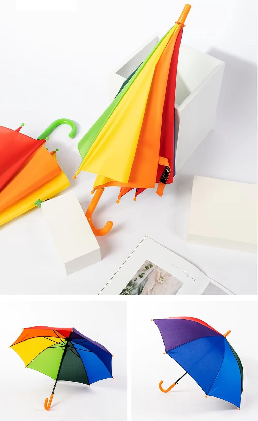 Children's Rainbow Umbrella Strong Fiberglass Frame 8 Ribs Lightweight Windproof Rain Protection Easy Open and Close J-Hook Handle Outdoor Portable