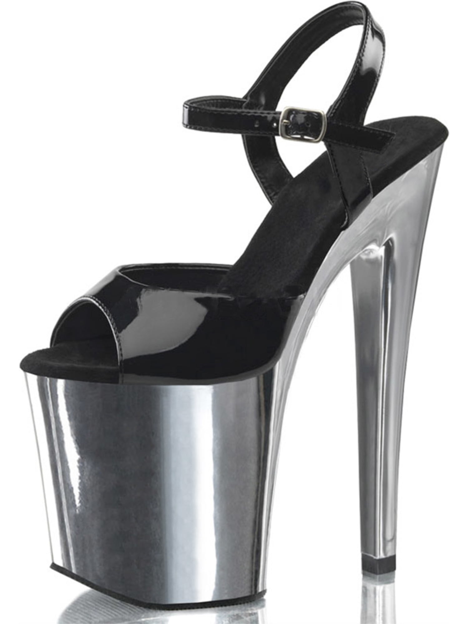 Pleaser - Shiny Strappy Silver Heels with Black Patent Straps and 8 Inch Stiletto Heels 