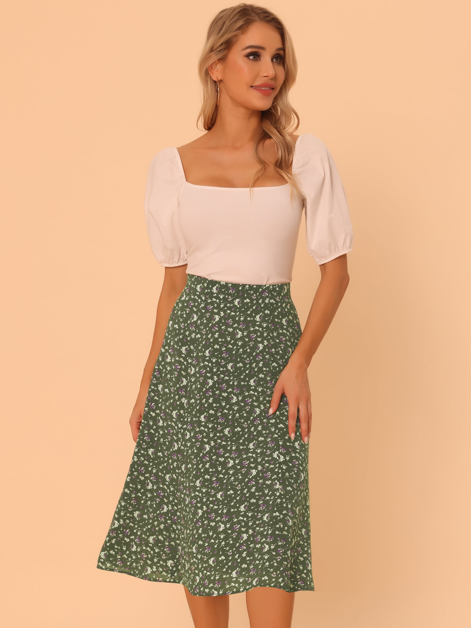 DARING DIVA Women's Elastic Waist A-Line Floral Print Midi Skirt XL Army Green