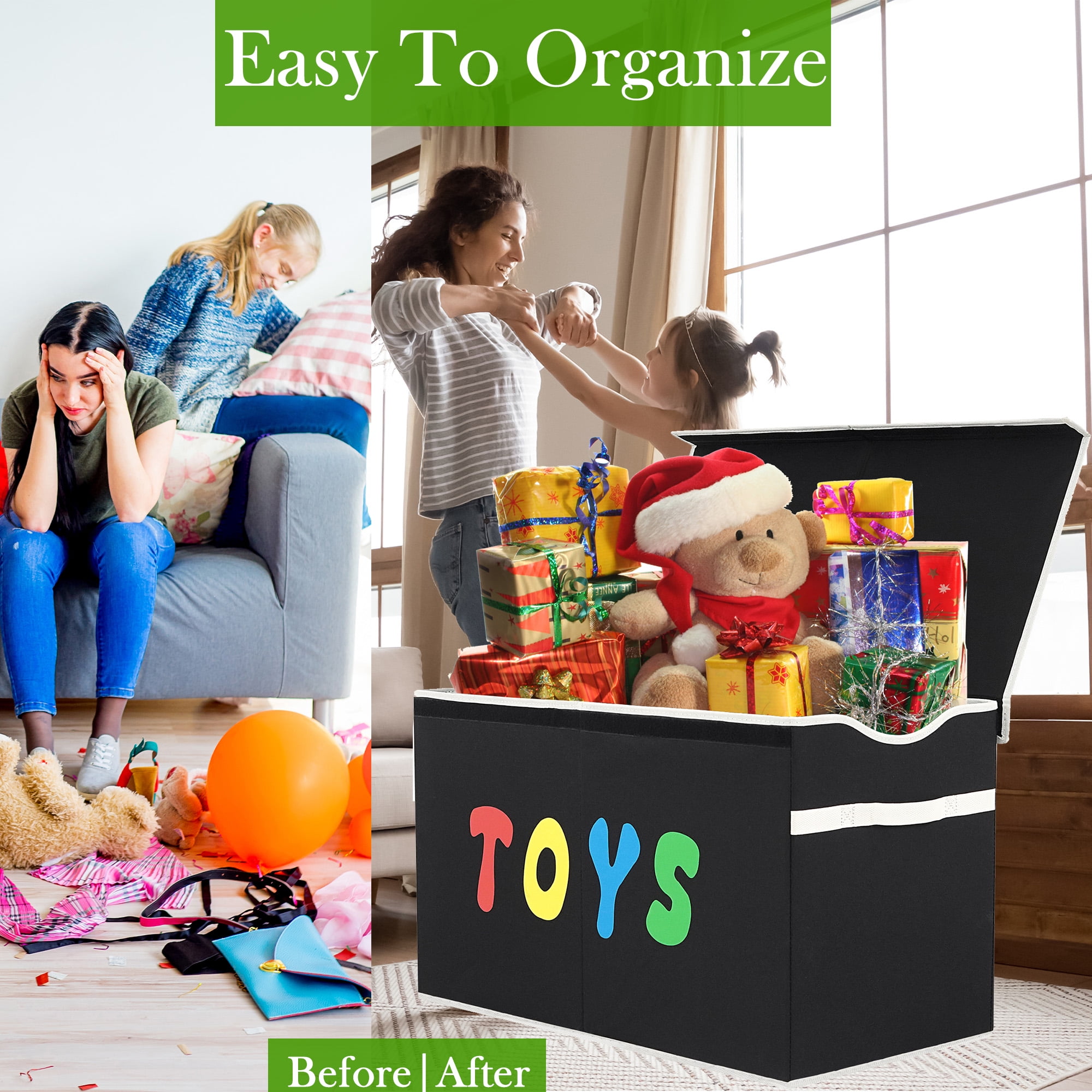 VICTORICH Extra Large Child Collapsible Toy Storage Fabric 32 gal Kids Room Toy Chest, Black