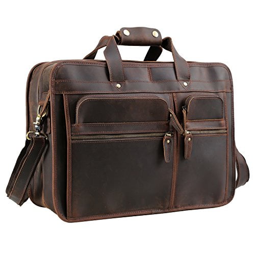 Texbo Men s Solid Full Grain Cowhide Leather Large 17 Inch Laptop Briefcase Messenger Bag Tote