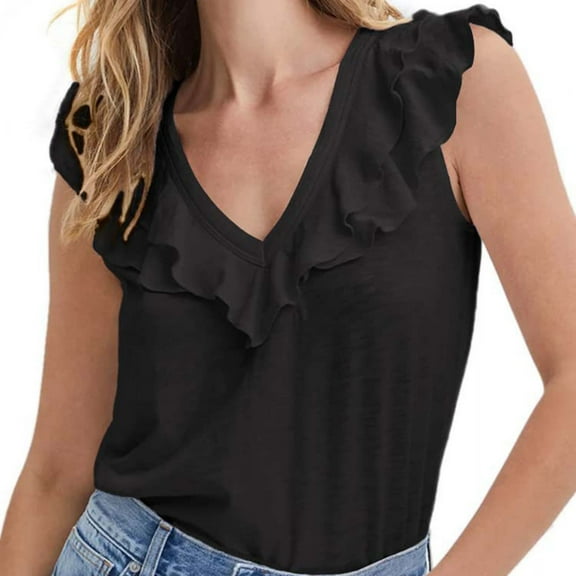 QUINDOS Womens Tank Tops Cotton Summer Black Workout Fashion Sleeveless Solid Color V-Neck Ruffles Blousee Womens Camisoles