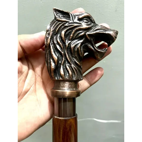Handcrafted Wooden Walking Cane with Wolf Head Handle Copper Finish Metal Grip Vintage-Inspired Stick for Collectors, Gifting, or Costume Accessories