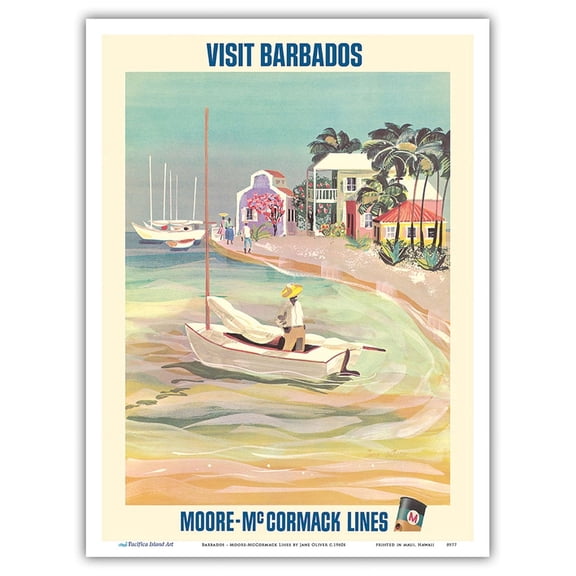 Visit Barbados Caribbean Island - Moore-McCormack Lines - Vintage Ocean Liner Travel Poster by Jane Oliver c.1960s - Master Art Print (Unframed) 9in x 12in