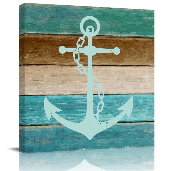 Nautical Anchor Retro Wooden Canvas Artwork Painting Art, Farmhouse Teal Wood Board Square Framed Wall Decorations Prints Picture for Bedroom Kitchen Living Room, 8x8 in