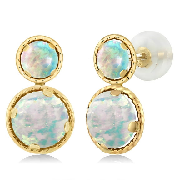 Gem Stone King 14K Yellow Gold Simulated White Opal Earrings for Women (1.10 Cttw, Gemstone October Birthstone, Round Cabochon 6X6MM, Round Cabochon 4X4MM)