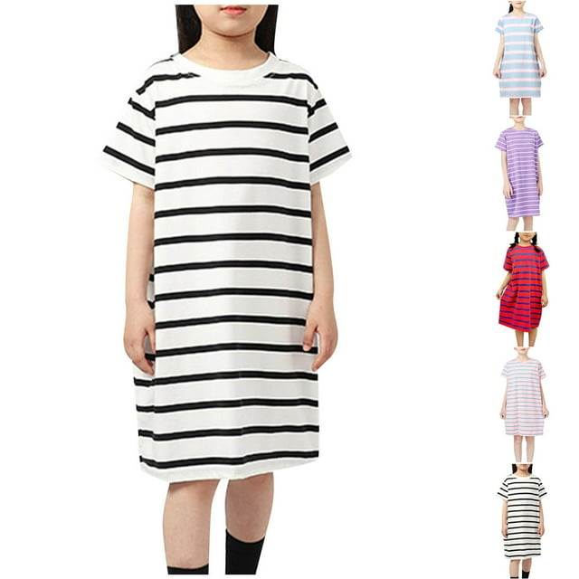 NJDVHB Robe d'Été pour Tout-Petit, Robe de Plage pour Fille, Robe de Fête pour Filles, Chemise de Nuit Tricotée à Manches Courtes Rayée pour Enfants, Violet, 130