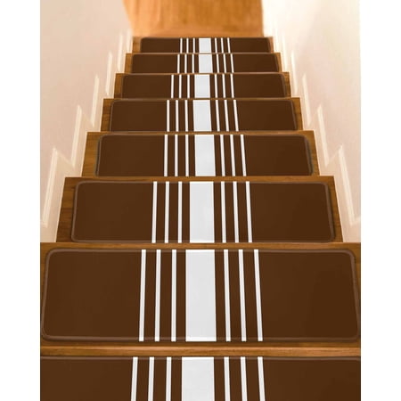 Brown White Stripe Stair Treads for Wooden Steps Indoor Runner Rug Carpet Modern Rustic Vertical Striped 4 Pieces Peel and Stick Staircase Step Treads Covers Washable Throw Door Mats 30 x8