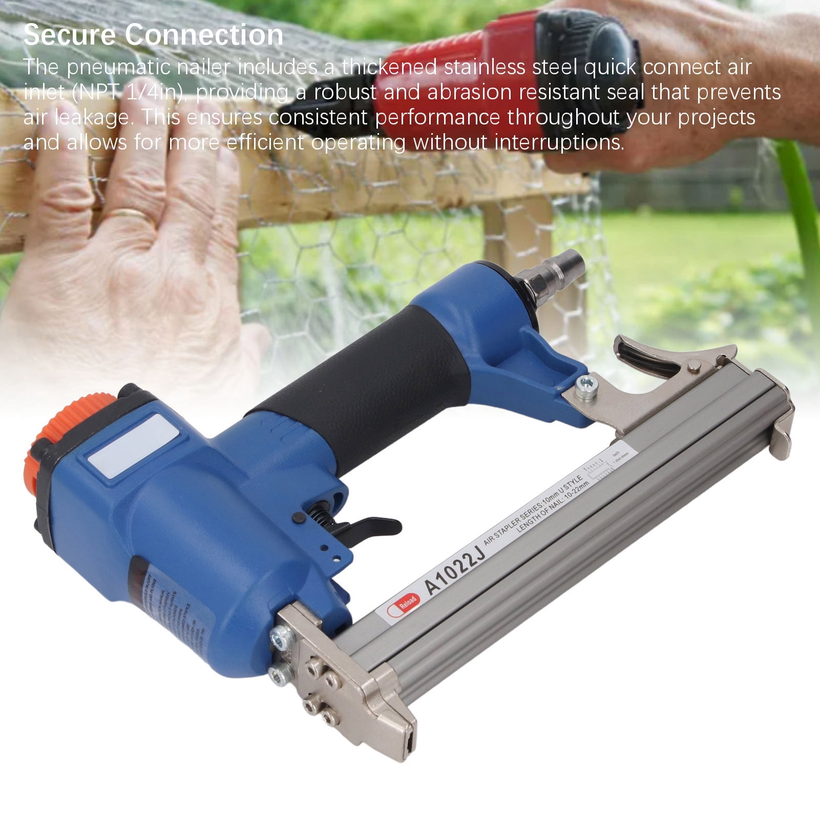 BIMZUC Pneumatic Brad Nailer A1022J Ergonomic 10-22mm Air Nail Gun 100pcs Capacity for Woodworking Upholstery DIY 9.45 inches / 24 cm