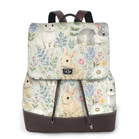 Bunny Rabbit Women's Leather Backpack All-Over Print Bag for Work and Travel