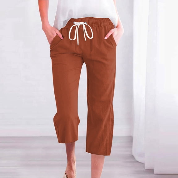 TYGHBN Women's Spring and Summer Solid Color Lace Up Pocket Loose Wide Legged Capris Pant Suits for Women Casual with Sweater Womens Clothes for Travel Womens plus Size Pants Casual Tan Dress Pants