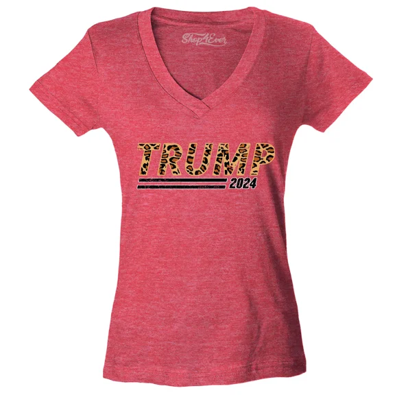Shop4Ever Women's Leopard Donald Trump 2024 Presidential Campaign Slim Fit V-Neck T-Shirt Large Heather Red
