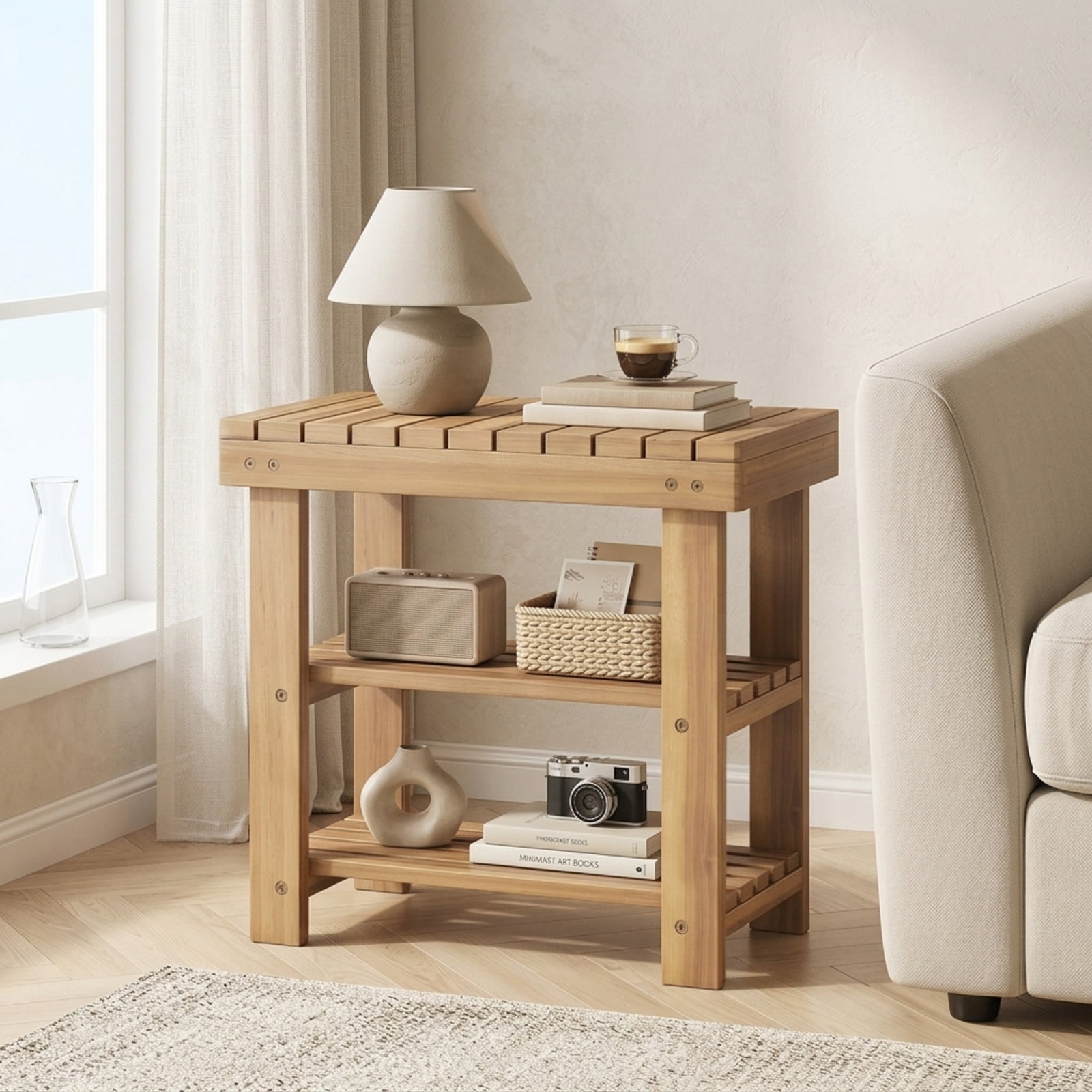 Furnibear 3 Tier Solid Wood Shoe Rack Bench with Slatted Shelves for Entryway Hallway and Living Room Shoe Storage Small Size, Natural