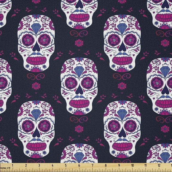 Ambesonne Sugar Skull Fabric by the Yard Microfiber, Day of the Dead Mexico, 10 Yards, Dark Night Blue and Magenta