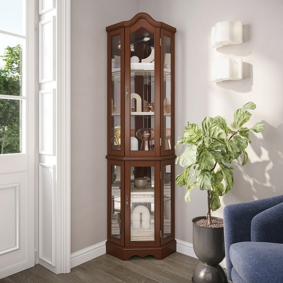 BELLEZE Loraine Canted Front Corner Lighted Curio Cabinet With 5 Tier Shelves, Walnut