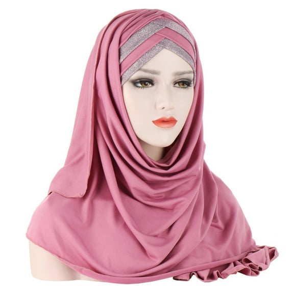 WZXFASHION Turban Head Wraps for Women Glitter Decorated Spliced-color forehead Muslim Simple Style Hijab Skull Cap for Daily Outdoors