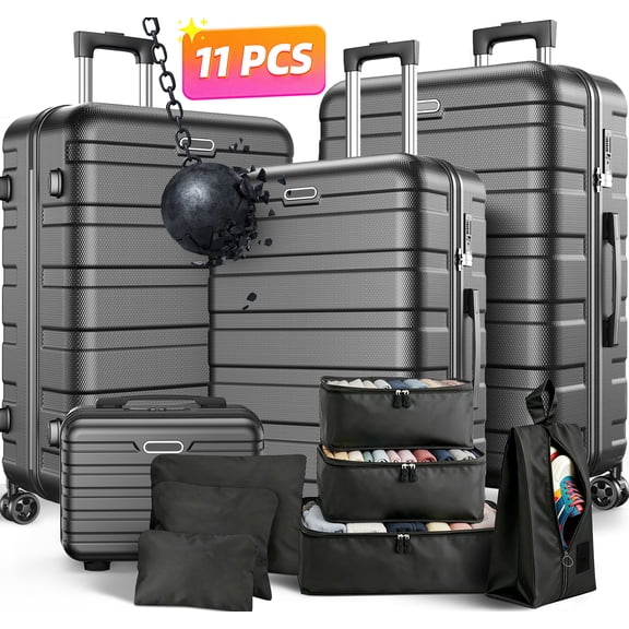 Luggage Sets 11 Piece, Hardside ABS Durable Suitcases Sets, Lock Travel Checked Luggage Carry on Luggage Sets Black