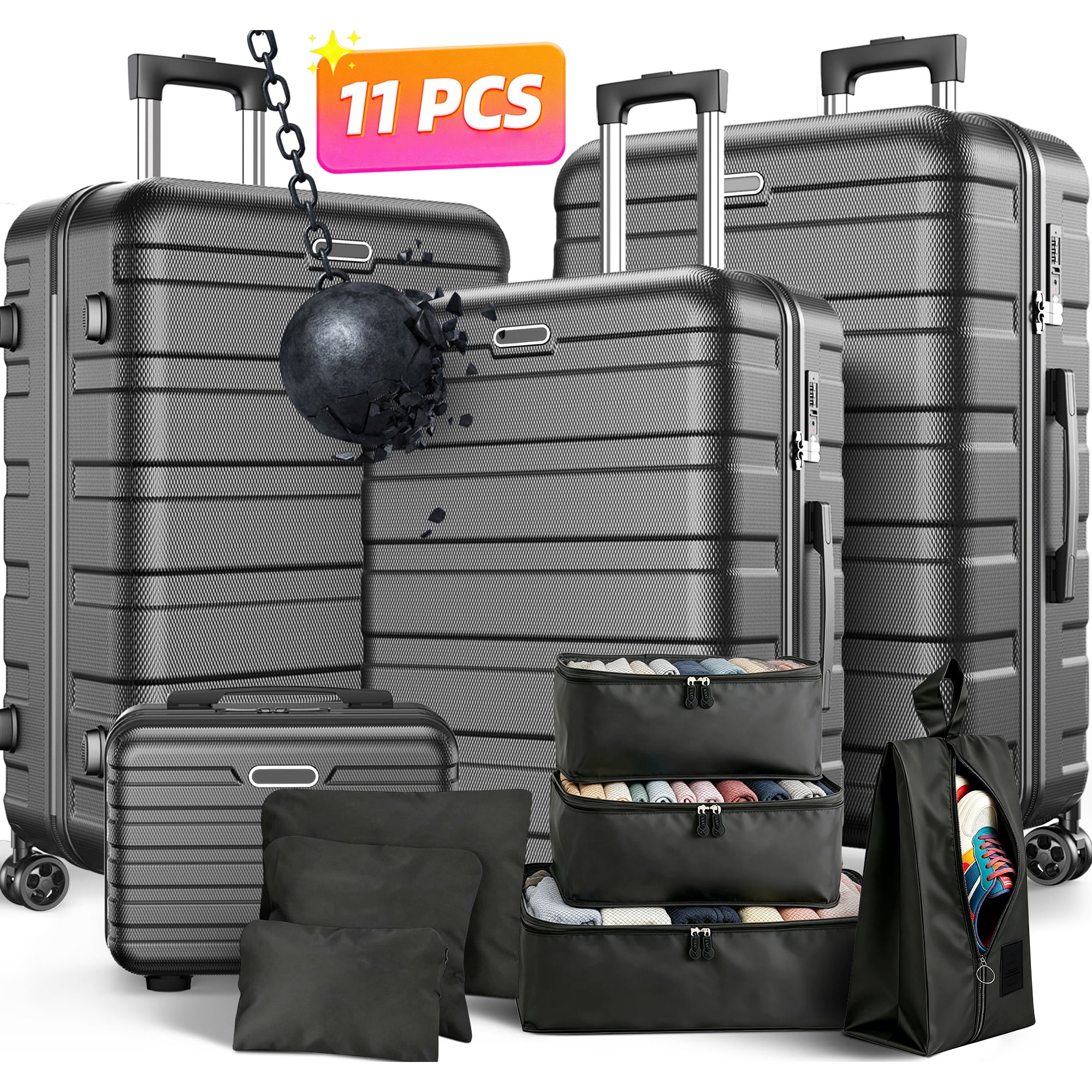 Luggage Sets 11 Piece, Hardside ABS Durable Suitcases Sets, Lock Travel Checked Luggage Carry on Luggage Sets Black